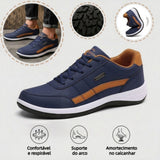 Sapatos ortopédicos confortáveis — com apoio para o arco do pé, para aliviar a dor; leves, com amortecimento e revestimento em pele impermeável.