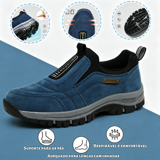 🎁 Oferta Especial: 70% de desconto 🎁 Sapatos Ortopédicos de Caminhada para Homem — Sapatos de Camurça Costurados à Mão 👟 Impermeáveis e Antiderrapantes ✅ Suporte para o Arco do Pé — Caminhada Confortável