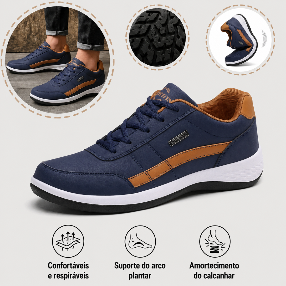 🎁 Oferta Especial: 70% de desconto 🎁 Sapatos Ortopédicos para Homem Estilosos 👟 Impermeáveis e Antiderrapantes ✅ Suporte para o Arco do Pé — Caminhada Confortável