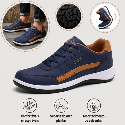 🎁 Oferta Especial: 70% de desconto 🎁 Sapatos Ortopédicos para Homem Estilosos 👟 Impermeáveis e Antiderrapantes ✅ Suporte para o Arco do Pé — Caminhada Confortável