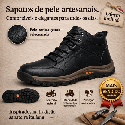 🎁 Oferta Especial: 70% de desconto 🎁 Sapatos Ortopédicos em Pele para Homem — Costurados à Mão 👟 Impermeáveis e Antiderrapantes ✅ Suporte para o Arco do Pé — Caminhada Confortável