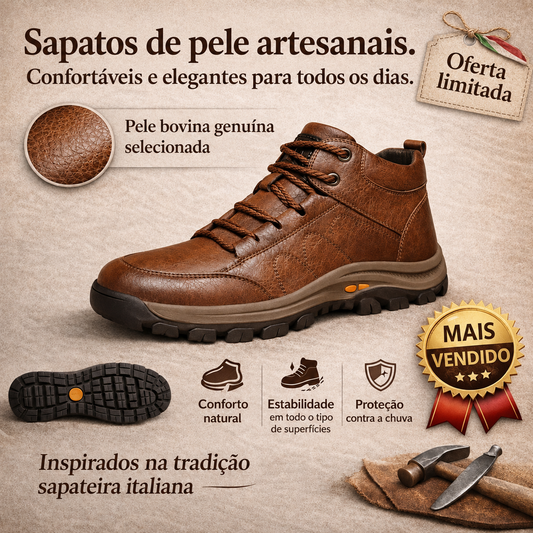 🎁 Oferta Especial: 70% de desconto 🎁 Sapatos Ortopédicos em Pele para Homem — Costurados à Mão 👟 Impermeáveis e Antiderrapantes ✅ Suporte para o Arco do Pé — Caminhada Confortável
