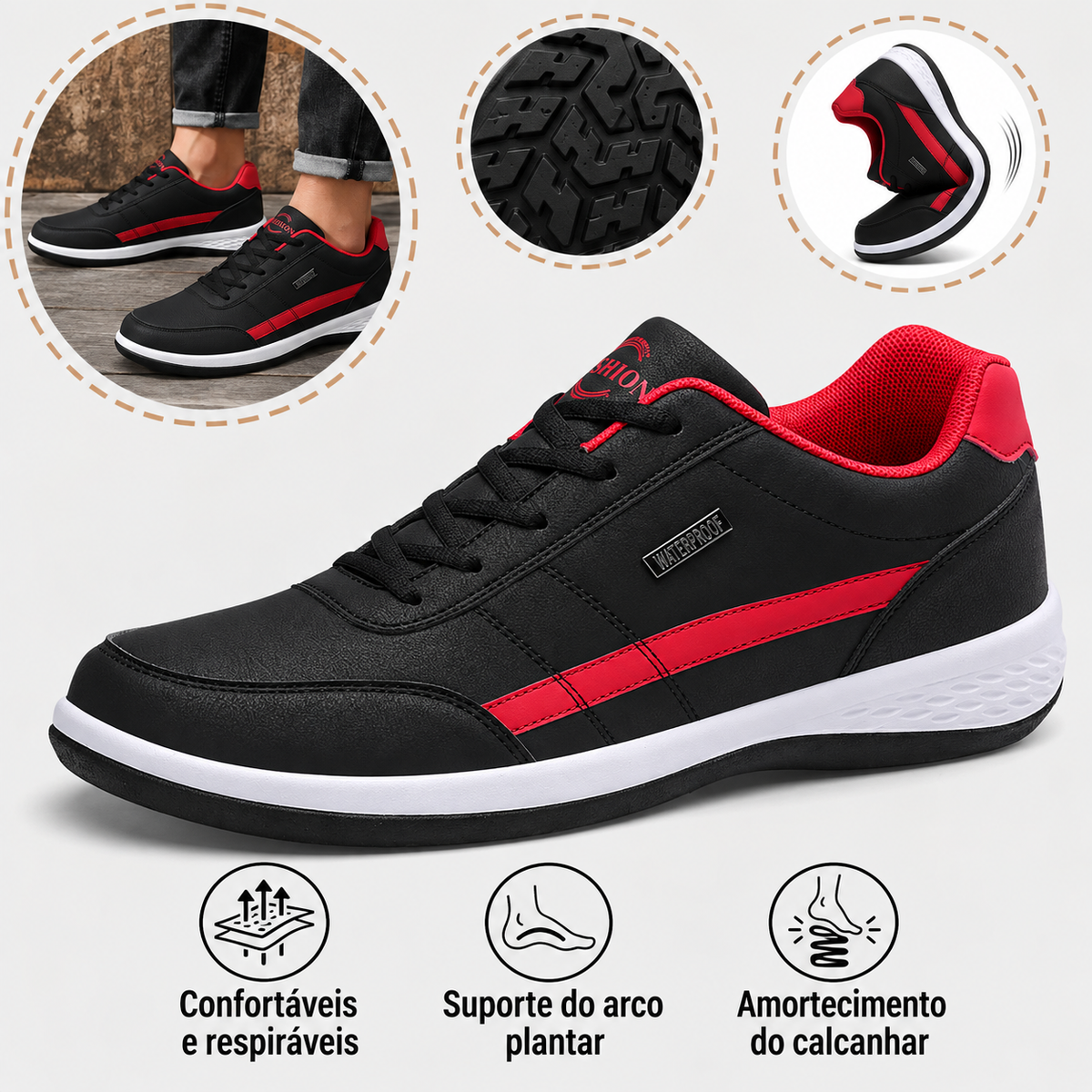🎁 Oferta Especial: 70% de desconto 🎁 Sapatos Ortopédicos para Homem Estilosos 👟 Impermeáveis e Antiderrapantes ✅ Suporte para o Arco do Pé — Caminhada Confortável