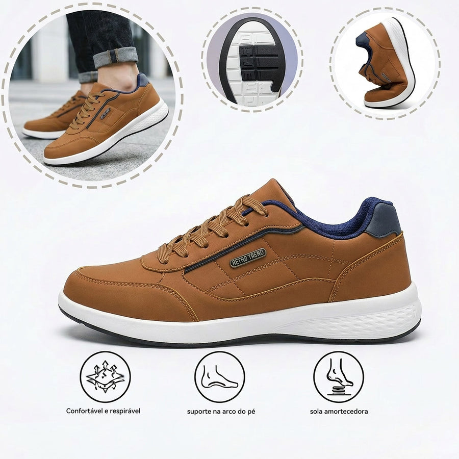Sapatos ortopédicos confortáveis — com apoio do arco do pé, para aliviar a dor; leves, com amortecimento e revestimento em pele impermeável.