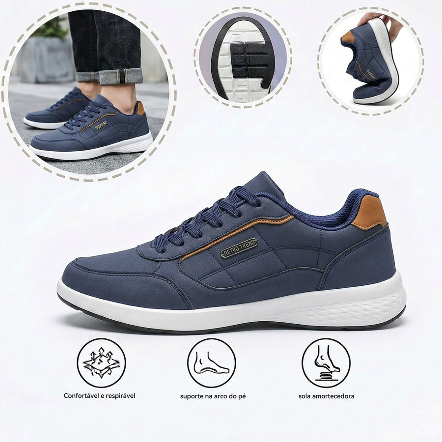 Sapatos ortopédicos confortáveis — com apoio do arco do pé, para aliviar a dor; leves, com amortecimento e revestimento em pele impermeável.