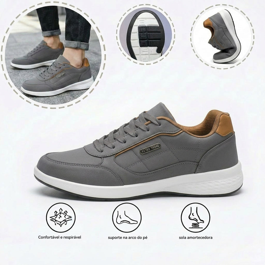 Sapatos ortopédicos confortáveis — com apoio do arco do pé, para aliviar a dor; leves, com amortecimento e revestimento em pele impermeável.