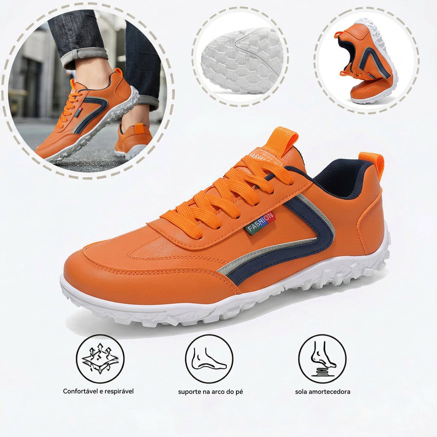 Sapatos ortopédicos confortáveis — com apoio do arco do pé, para aliviar a dor; leves, com amortecimento e revestimento em pele impermeável.