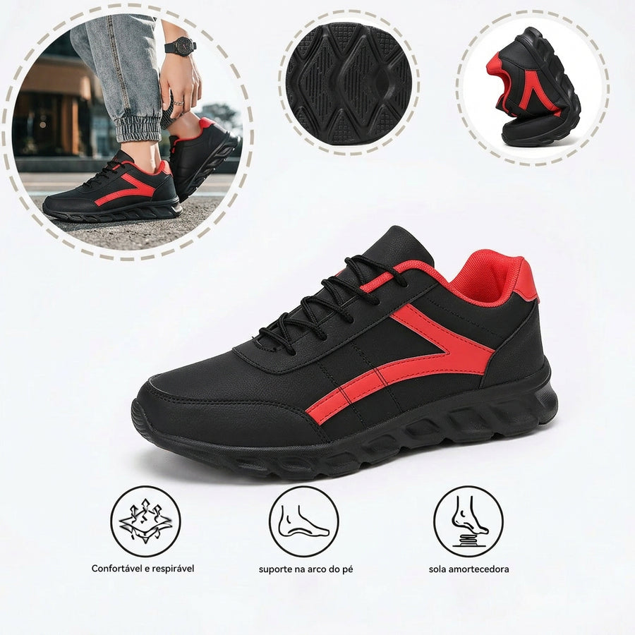 Sapatos ortopédicos confortáveis — com apoio do arco do pé, para aliviar a dor; leves, com amortecimento e revestimento em pele impermeável.