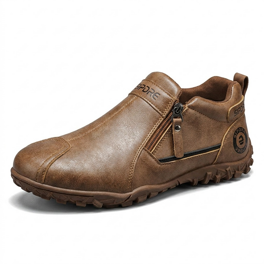 Sapatos ortopédicos confortáveis — com apoio do arco do pé, para aliviar a dor; leves e com amortecimento, com revestimento em pele de fácil manutenção.
