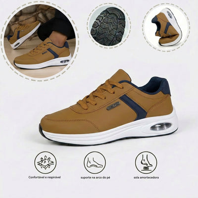 Sapatos ortopédicos confortáveis — com apoio para o arco do pé, para aliviar a dor; leves, com amortecimento e revestimento em pele impermeável.
