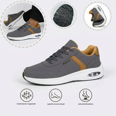 Sapatos ortopédicos confortáveis — com apoio para o arco do pé, para aliviar a dor; leves, com amortecimento e revestimento em pele impermeável.
