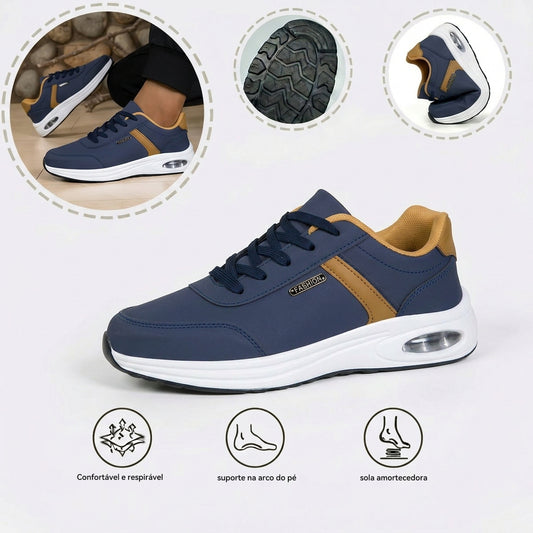 Sapatos ortopédicos confortáveis — com apoio para o arco do pé, para aliviar a dor; leves, com amortecimento e revestimento em pele impermeável.