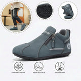 Sapatos ortopédicos confortáveis — apoio ergonómico do arco do pé, que alivia a dor, e biqueira larga que não aperta o pé.