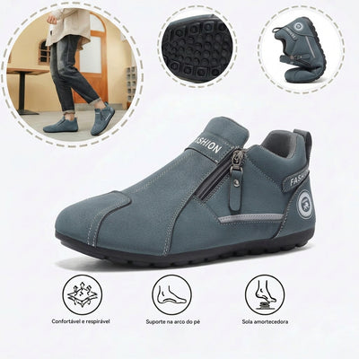 Sapatos ortopédicos confortáveis — apoio ergonómico do arco do pé, que alivia a dor, e biqueira larga que não aperta o pé.