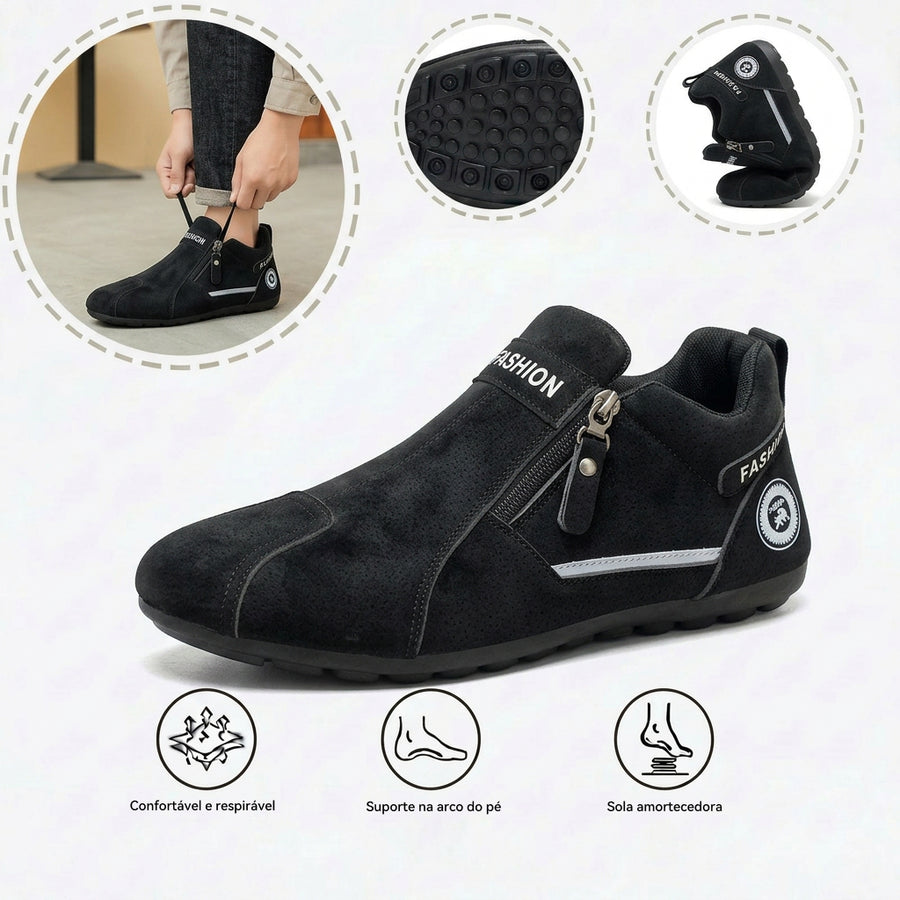 Sapatos ortopédicos confortáveis — apoio ergonómico do arco do pé, que alivia a dor, e biqueira larga que não aperta o pé.