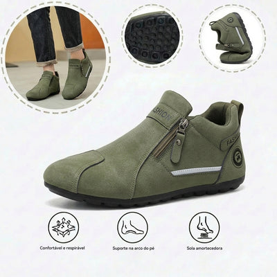 Sapatos ortopédicos confortáveis — apoio ergonómico do arco do pé, que alivia a dor, e biqueira larga que não aperta o pé.