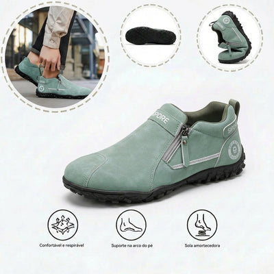 Sapatos ortopédicos confortáveis — com apoio do arco do pé, para aliviar a dor; leves e com amortecimento, com revestimento em pele de fácil manutenção.