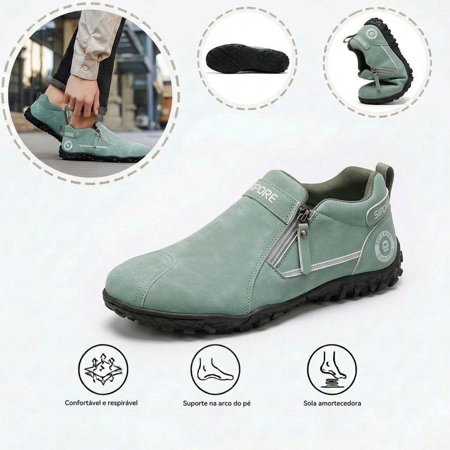 Sapatos ortopédicos confortáveis — com apoio do arco do pé, para aliviar a dor; leves e com amortecimento, com revestimento em pele de fácil manutenção.