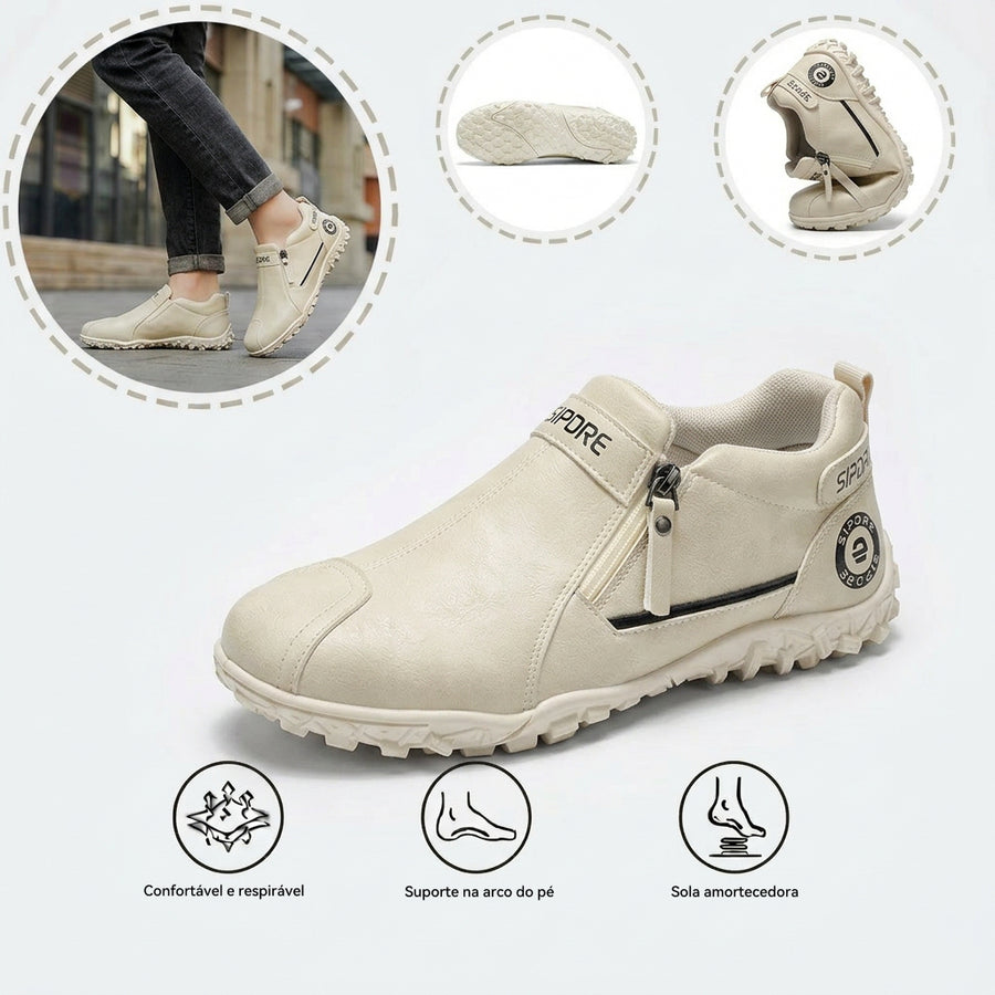Sapatos ortopédicos confortáveis — com apoio do arco do pé, para aliviar a dor; leves e com amortecimento, com revestimento em pele de fácil manutenção.