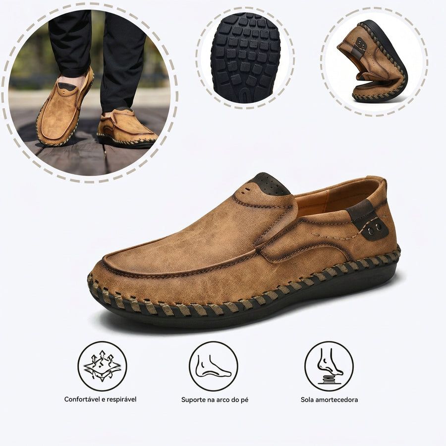 Sapatos ortopédicos confortáveis — apoio ergonómico do arco do pé, que alivia a dor, e biqueira larga que não aperta o pé.
