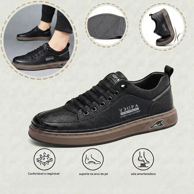 Sapatos ortopédicos confortáveis — costurados à mão, com amortecimento suave e revestimento em pele impermeável.