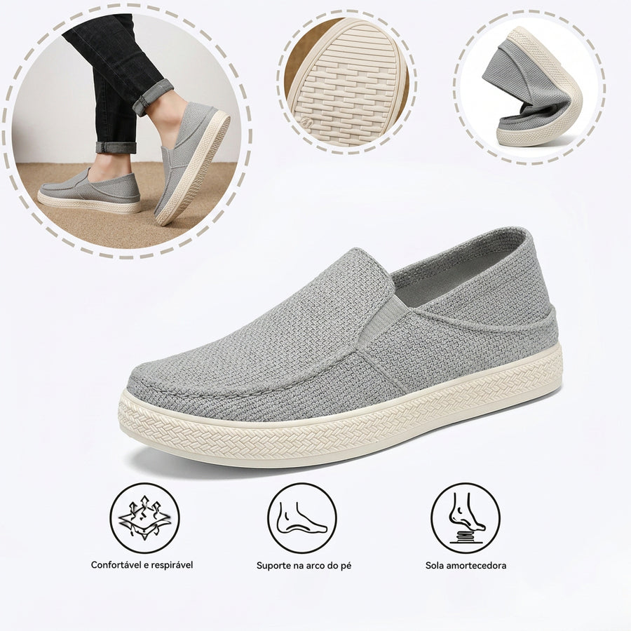 Sapatos ortopédicos com malha — totalmente tecidos à mão, com apoio para o arco do pé, para aliviar a dor.