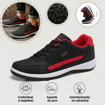 Sapatos ortopédicos confortáveis — com apoio para o arco do pé, para aliviar a dor; leves, com amortecimento e revestimento em pele impermeável.