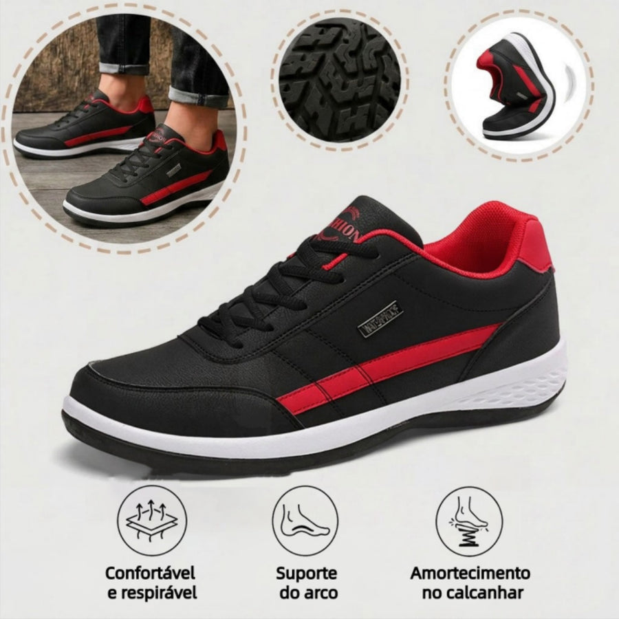 Sapatos ortopédicos confortáveis — com apoio para o arco do pé, para aliviar a dor; leves, com amortecimento e revestimento em pele impermeável.