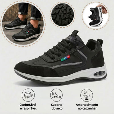 Sapatos ortopédicos confortáveis — com apoio para o arco do pé, para aliviar a dor; protegem os pés, para que não se canse mesmo após longas caminhadas.