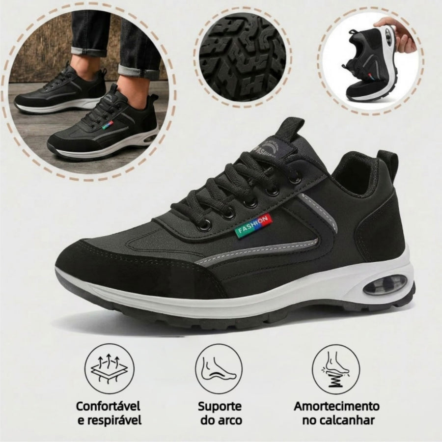 Sapatos ortopédicos confortáveis — com apoio para o arco do pé, para aliviar a dor; protegem os pés, para que não se canse mesmo após longas caminhadas.