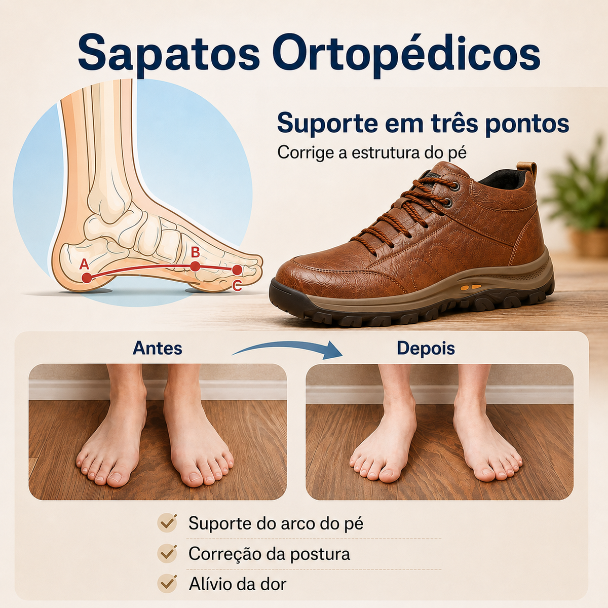 🎁 Oferta Especial: 70% de desconto 🎁 Sapatos Ortopédicos em Pele para Homem — Costurados à Mão 👟 Impermeáveis e Antiderrapantes ✅ Suporte para o Arco do Pé — Caminhada Confortável