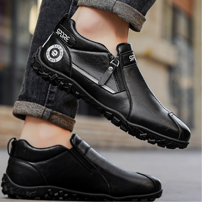 Sapatos ortopédicos confortáveis — com apoio do arco do pé, para aliviar a dor; leves e com amortecimento, com revestimento em pele de fácil manutenção.