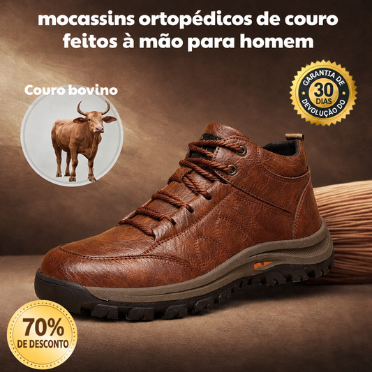 🎁 Oferta Especial: 70% de desconto 🎁 Sapatos Ortopédicos em Pele para Homem — Costurados à Mão 👟 Impermeáveis e Antiderrapantes ✅ Suporte para o Arco do Pé — Caminhada Confortável