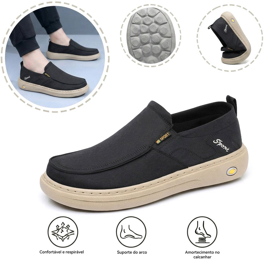 Sapatos ortopédicos confortáveis — com apoio para o arco do pé, que aliviam a dor e protegem os joelhos, amortecendo o impacto.