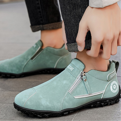 Sapatos ortopédicos confortáveis — com apoio do arco do pé, para aliviar a dor; leves e com amortecimento, com revestimento em pele de fácil manutenção.