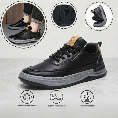 Sapatos ortopédicos confortáveis — com apoio do arco do pé, para aliviar a dor; macios e com amortecimento.