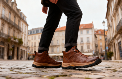 Sapatos ortopédicos para uso profissional — fabricados à mão em pele de vaca italiana; com apoio para o arco do pé; antiderrapantes e resistentes.