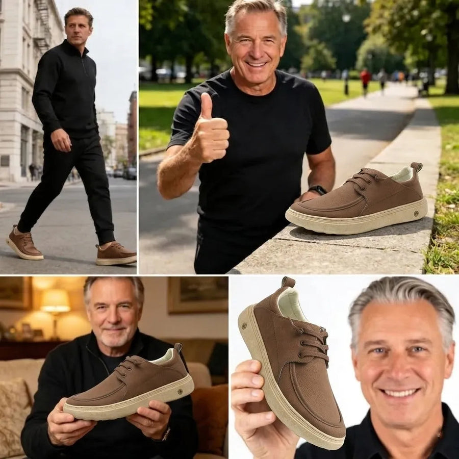 Sapatos ortopédicos casuais e elegantes — com apoio para o arco do pé, para aliviar a dor, e com revestimento em pele de fácil manutenção