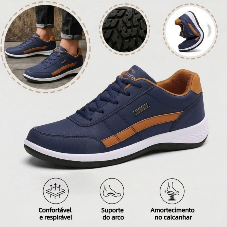 Sapatos ortopédicos confortáveis — com apoio para o arco do pé, para aliviar a dor; leves, com amortecimento e revestimento em pele impermeável.