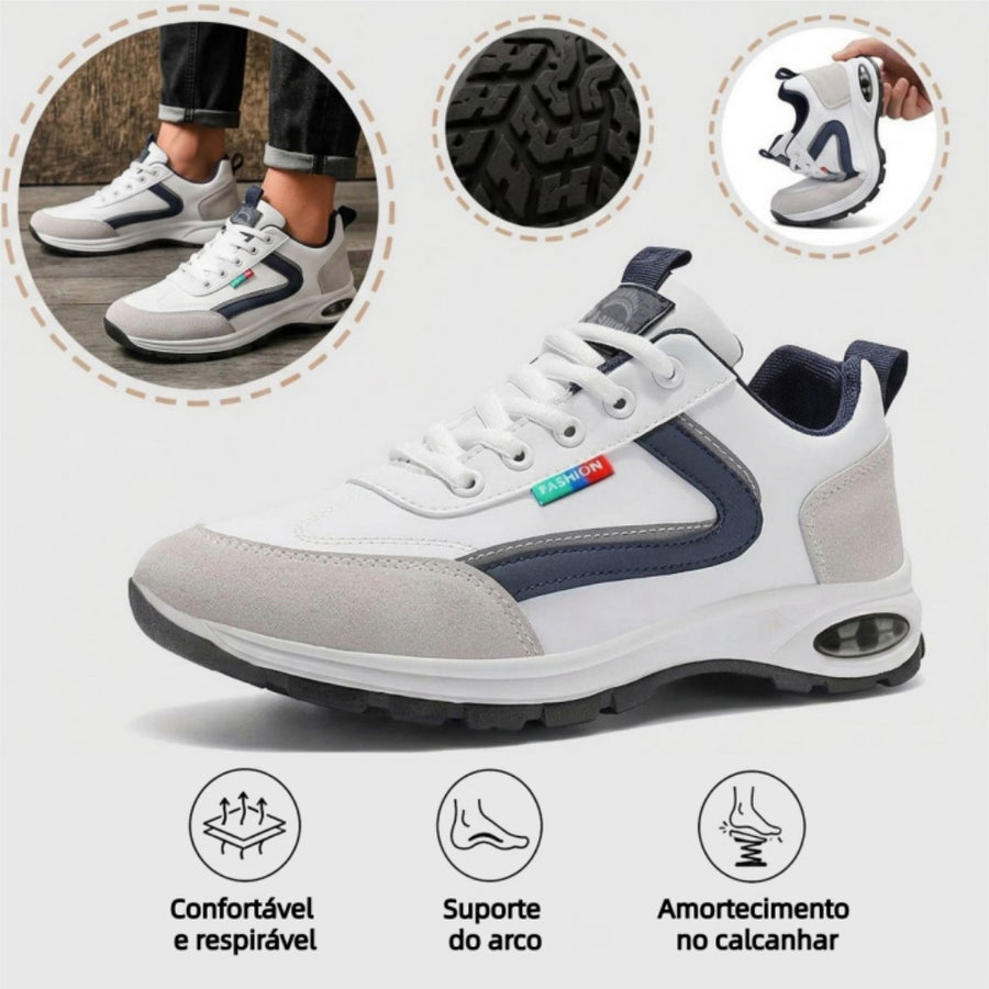 Sapatos ortopédicos confortáveis — com apoio para o arco do pé, para aliviar a dor; protegem os pés, para que não se canse mesmo após longas caminhadas.