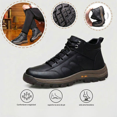 Sapatos ortopédicos para uso profissional — fabricados à mão em pele de vaca italiana; com apoio para o arco do pé; antiderrapantes e resistentes.