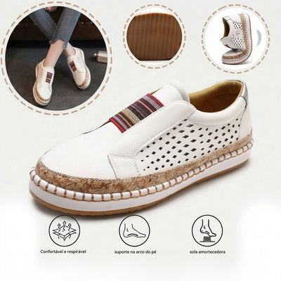 Sapatos ortopédicos confortáveis — com apoio para o arco do pé, para aliviar a dor; respiráveis.