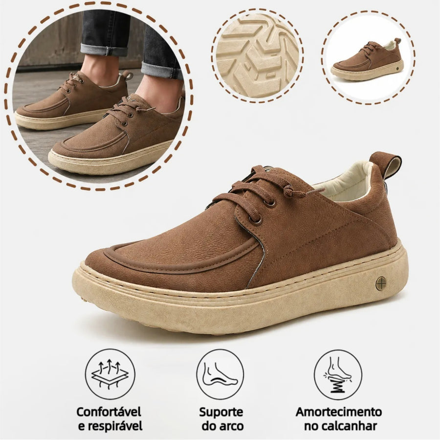 Sapatos ortopédicos casuais e elegantes — com apoio para o arco do pé, para aliviar a dor, e com revestimento em pele de fácil manutenção
