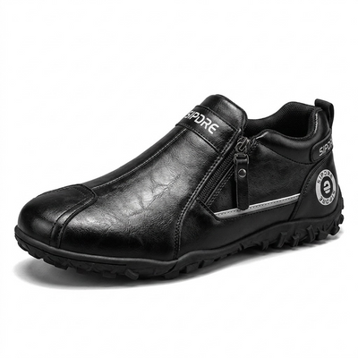 Sapatos ortopédicos confortáveis — com apoio do arco do pé, para aliviar a dor; leves e com amortecimento, com revestimento em pele de fácil manutenção.
