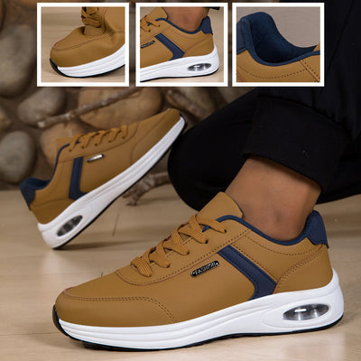 Sapatos ortopédicos confortáveis — com apoio para o arco do pé, para aliviar a dor; leves, com amortecimento e revestimento em pele impermeável.