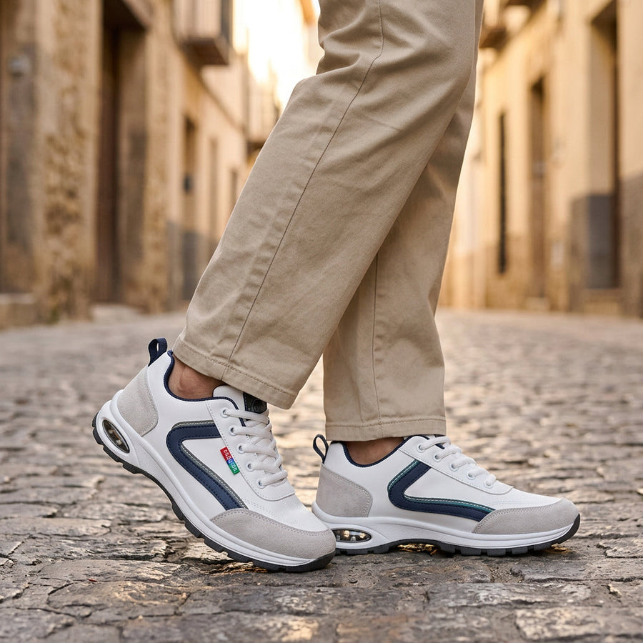 Sapatos ortopédicos confortáveis — com apoio para o arco do pé, para aliviar a dor; protegem os pés, para que não se canse mesmo após longas caminhadas.