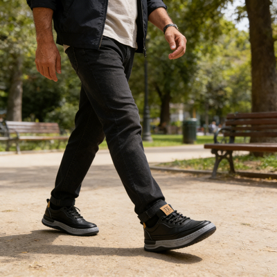 Sapatos ortopédicos confortáveis — com apoio do arco do pé, para aliviar a dor; macios e com amortecimento.
