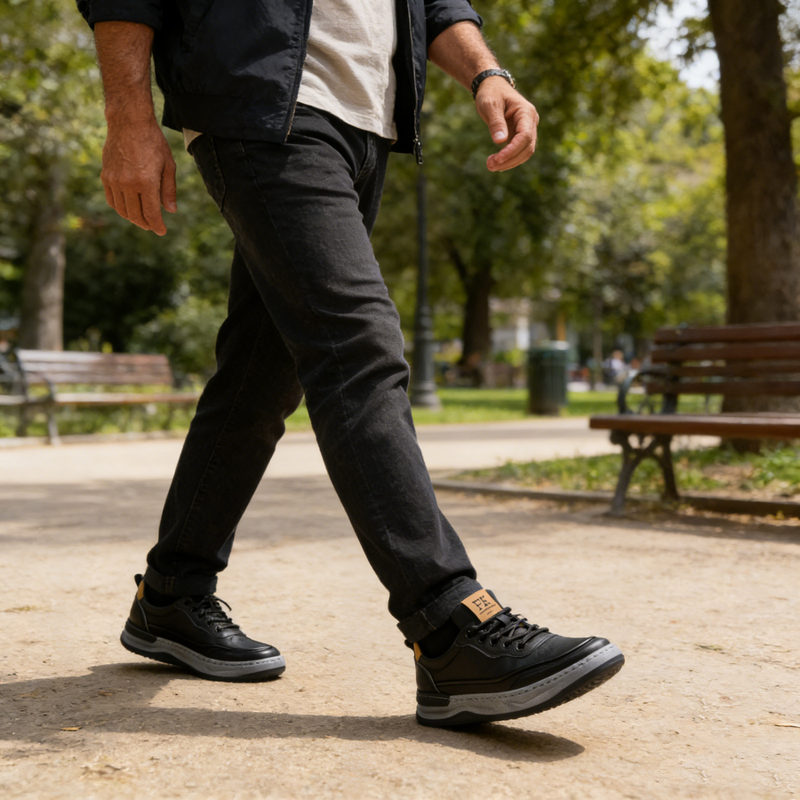 Sapatos ortopédicos confortáveis — com apoio do arco do pé, para aliviar a dor; macios e com amortecimento.