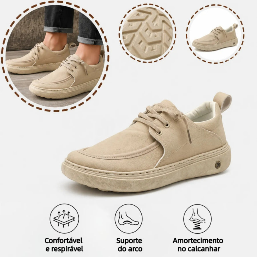 Sapatos ortopédicos casuais e elegantes — com apoio para o arco do pé, para aliviar a dor, e com revestimento em pele de fácil manutenção
