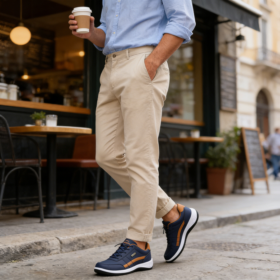 Sapatos ortopédicos confortáveis — com apoio para o arco do pé, para aliviar a dor; leves, com amortecimento e revestimento em pele impermeável.